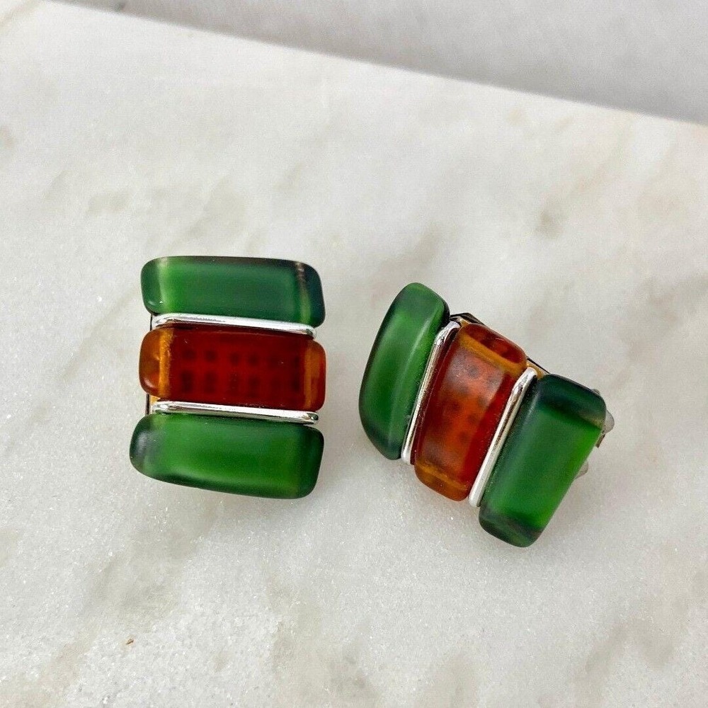 Vintage West Germany Art‎ Deco Green Brown Silver Clip On Earrings